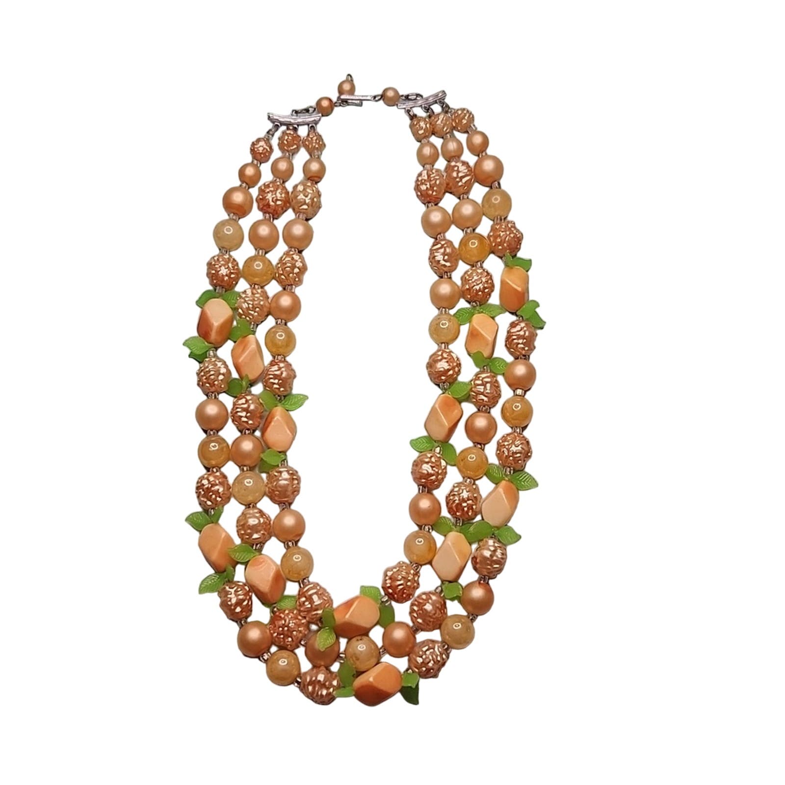 Vintage Signed Hong Kong 3strand Necklace Faux Pearl Plastic Beads Flower Leaves 32$